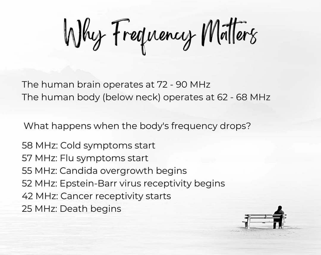 Wejolyn's tweet image. From Laura Aboli: Everything has an electrical frequency: our bodies; the food we eat; illnesses; emotions; music; essential oils; the chair you're sitting on.Everything.
The human body operates at 62 - 68 MHz, which is to say that the body creates/sends/processes 62,000,000 -…