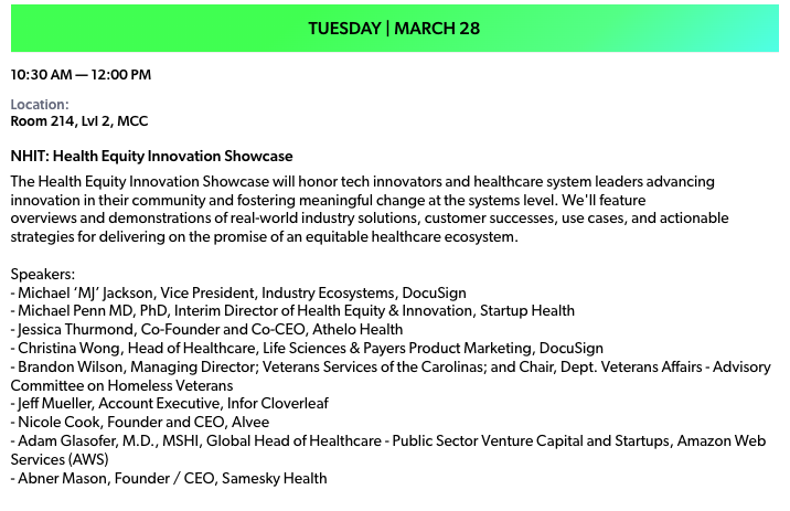 #ViVE2023: We're about to go live to show how healthcare can build trust and close gaps in care.

Join me and other leaders at <a href="/NHITunderserved/">NHIT</a>'s Health Equity Innovation Showcase.

Starts at 10:30 a.m. and runs through noon ET.

Room 214, Lvl 2, MCC.

viveevent.com/2023event/part…