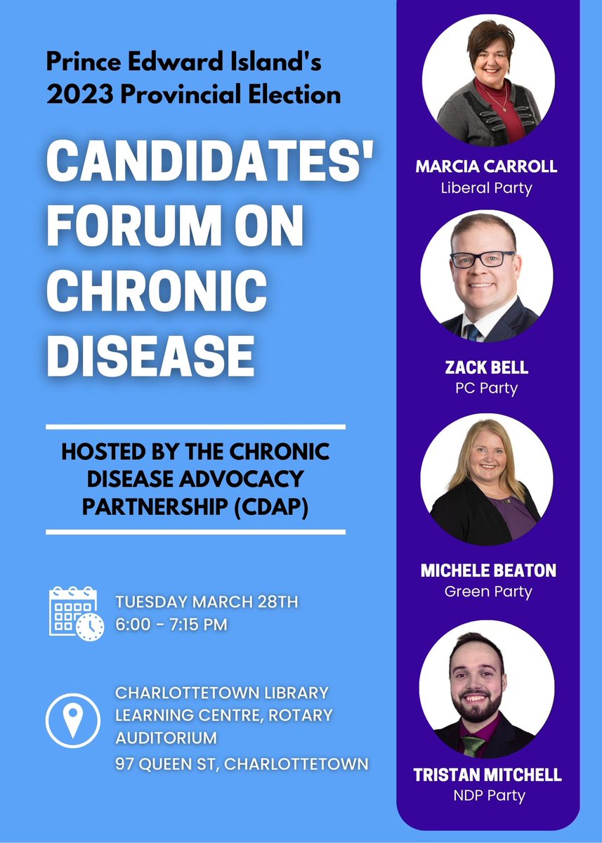 Teluisi_Tristan's tweet photo. The high rates of chronic disease in PEI are an attestment to decades of government failure to invest support into the social determinants of health.
Please join me tonight for the Candidates' Forum on Chronic Disease. 
I look forward to seeing you there!
#peipoli #peielection https://t.co/rbJgTknuTt