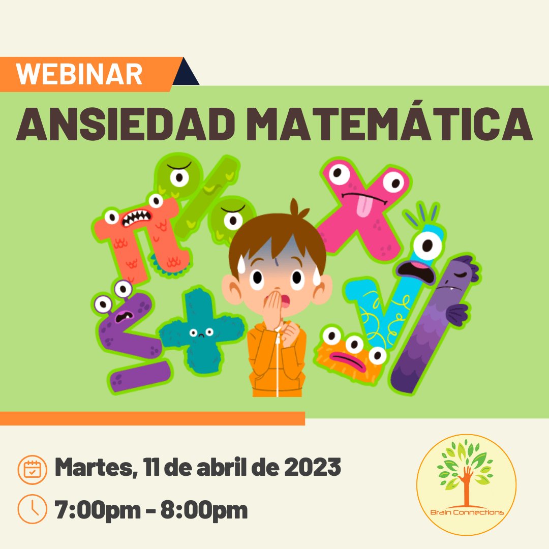 prcounselor's tweet photo. ¡WEBINAR!

🧠 Ansiedad matemática
📅 Martes, 11 de abril de 2023
⏰ 7:00pm a 8:00pm
📍 Zoom
💻 Información: https://t.co/UJM4nlnHIf

#BrainConnections #Webinar #Matemáticas #Escuela #hogar #Aprendizaje https://t.co/HHz0cB9qvU