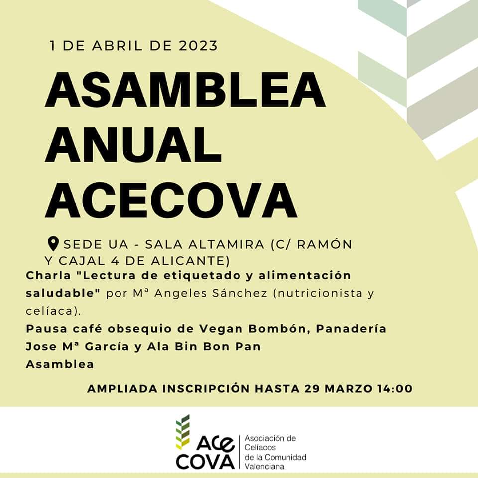 Acecova's tweet photo. Os recordamos que el próximo sábado 1 de abril (a las 9:30h en primera convocatoria y a las 10:00h en segunda convocatoria), #ACECOVA va a celebrar su Asamblea Anual, a la que están convocados todos sus asociados.
Toda la información en... https://t.co/zevCmqqce2
@FACEceliacos https://t.co/IPLPEZh2um