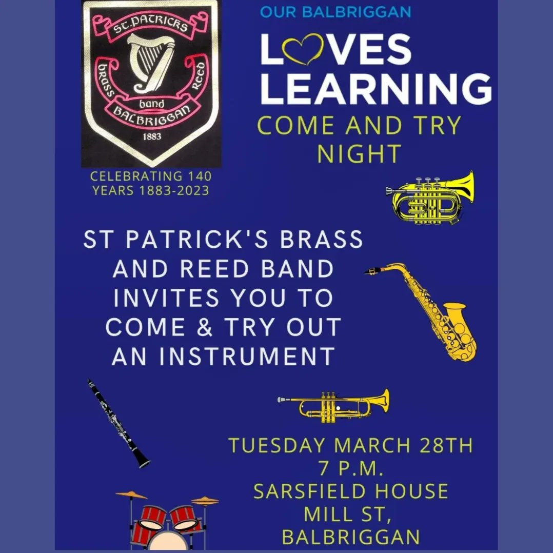 'Come and Try' night tonight in Sarsfield House on Mill St Balbriggan as part of the @OurBalbriggan Loves Learning Festival. If you can't make it down but are interested in joining the band, fill in this form, and we will get back to you forms.gle/o2pqtVLBr3UeZz… #CommunityMusic