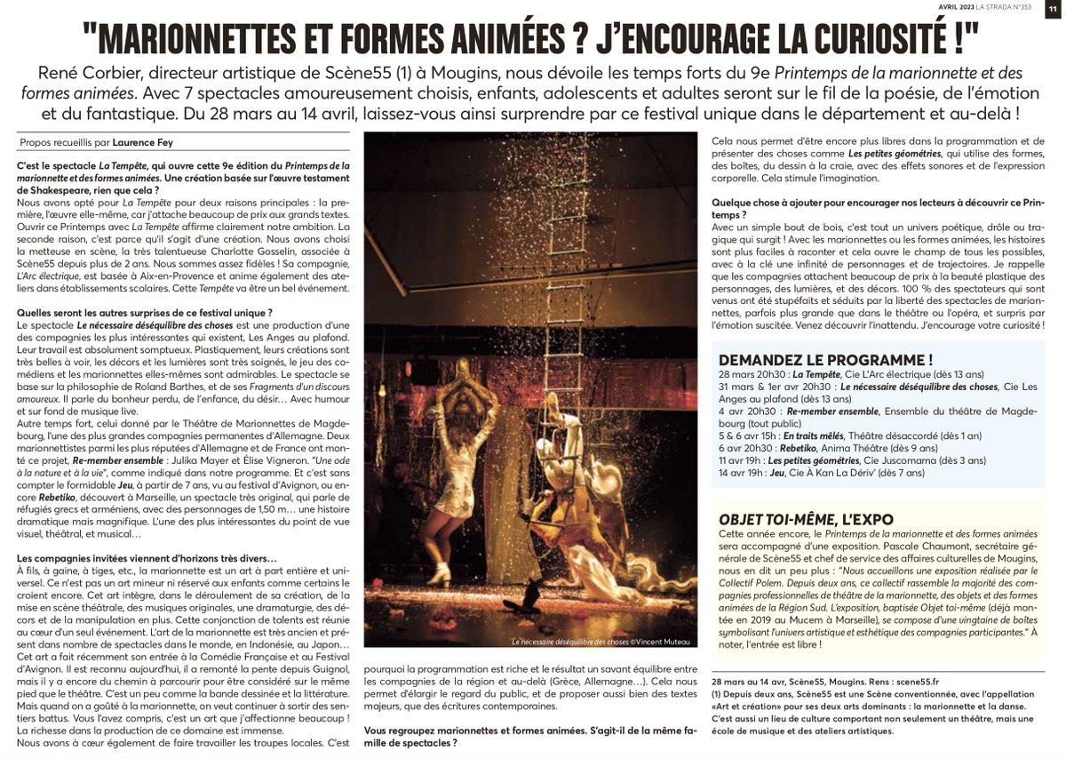[REVUE DE PRESSE] 🗞
▶️ Le Printemps de la Marionnette et des formes animées, c'est à #Scène55 à <a href="/villedemougins/">Mougins</a> dès maintenant !!!
ET on en parle déjà dans la presse 📰

☎️💻 INFOS &amp; RÉSERVATIONS :
scene55.fr
Ou 04 92 92 55 67.

Un article #LaStrada  ⬇