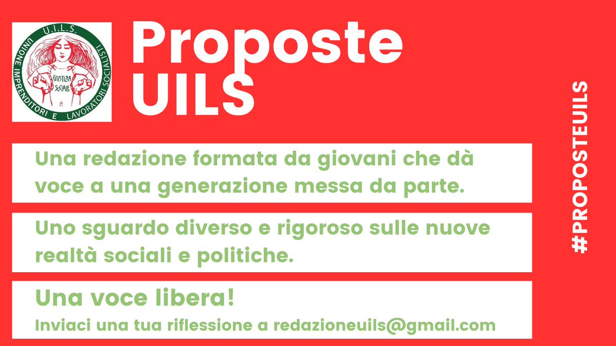 ProposteUils's tweet photo. #Proposte #UILS è un periodico con uno sguardo attento ai cambiamenti della #società, al #diritto al #lavoro, all'#imprenditoria giovanile, al diritto allo #studio.
Mandaci un #saluto, un'#opinione o un'#esperienza o una #riflessione per capire meglio il mondo in cui viviamo. https://t.co/NZ6MXfcClk