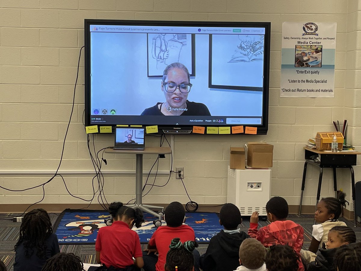 WFinchMedia's tweet image. Happening now @APSFinchEagles! First and second grade scholars meet the authors  @leslieodomjr and @NicoletteKloe and illustrator @momisdrawing!  Thank you @PTMGL for making this experience possible to us! #apsrace2read #welove📚@APSMediaServ @DrTSpencer @_craigasimmons