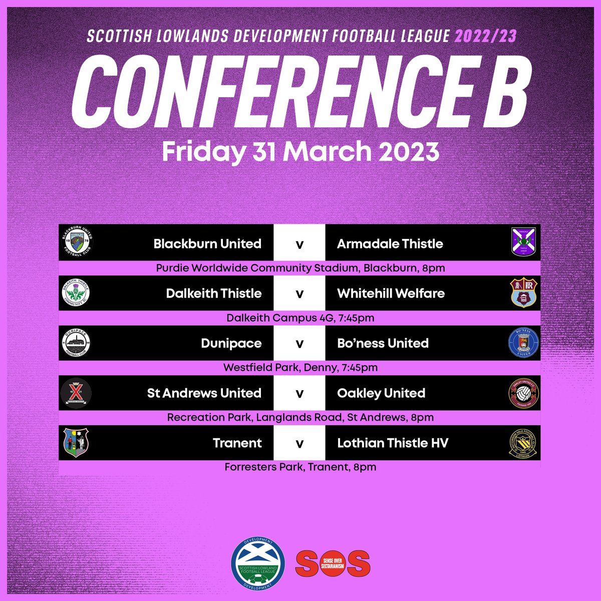 FRIDAY NIGHT FOOTBALL: Here are the <a href="/sos_glasgow/">SOS Glasgow</a> #SLDFL Conference B matches for Friday 31 March.