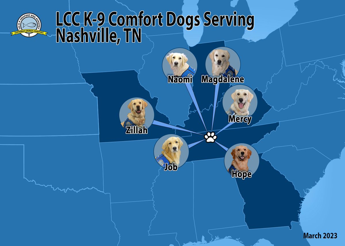 LCC K-9 Comfort Dog Ministry teams will arrive in Nashville, TN today to be with families, survivors, and all of the first responders who serve them.
Donate: luthcc.org/Nashville  

#NashvilleCovenantSchool #nashvillestrong #NashvilleTennessee #lcck9comfortdogs