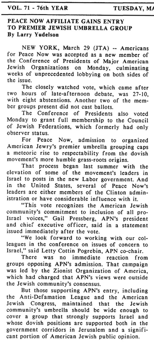 WashingtonViews's tweet photo. #OnThisDay in 1993...@JTANews " Peace Now Affiliate Gains Entry to Premier Jewish Umbrella Group" @PeaceNowUS @Conf_of_Pres #AmericanJewry https://t.co/uRftd4z4ek