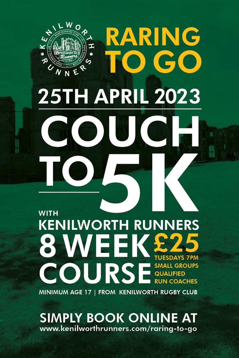 GreenArmy1986's tweet photo. Put a spring in your step with Kenilworth Runners couch to 5k Running course. An 8 week course designed to help you complete your first 5K. £25. Starting 25.04.23, 7pm from Kenilworth Rugby Club. 

Book online at https://t.co/39ibKKQwdb.

#kenilworthrunners #running #c25k #5k https://t.co/vfPGRQZz6d