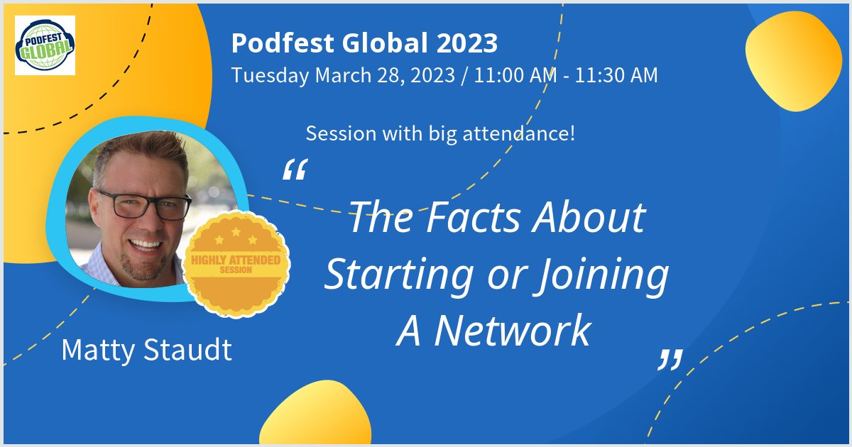 mattystaudt's tweet photo. Gave a talk at Podfest Global 2023 on The Facts About Starting or Joining A Network. 11a EST today Thanks for the great turnout! #podfestglobal2023 #podfestglobal - via #Whova event app https://t.co/eXaMpgcGtS