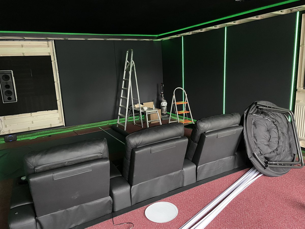Day 14 on cinema room project, fabric  going into the fabric track system, led profile now installed/controlled via Rako and Elan controls, Anthem audio correction carried out and downloaded into anthem mrx1140 receiver, SkyQ, Playstation, 4k firestick and synology for viewing.