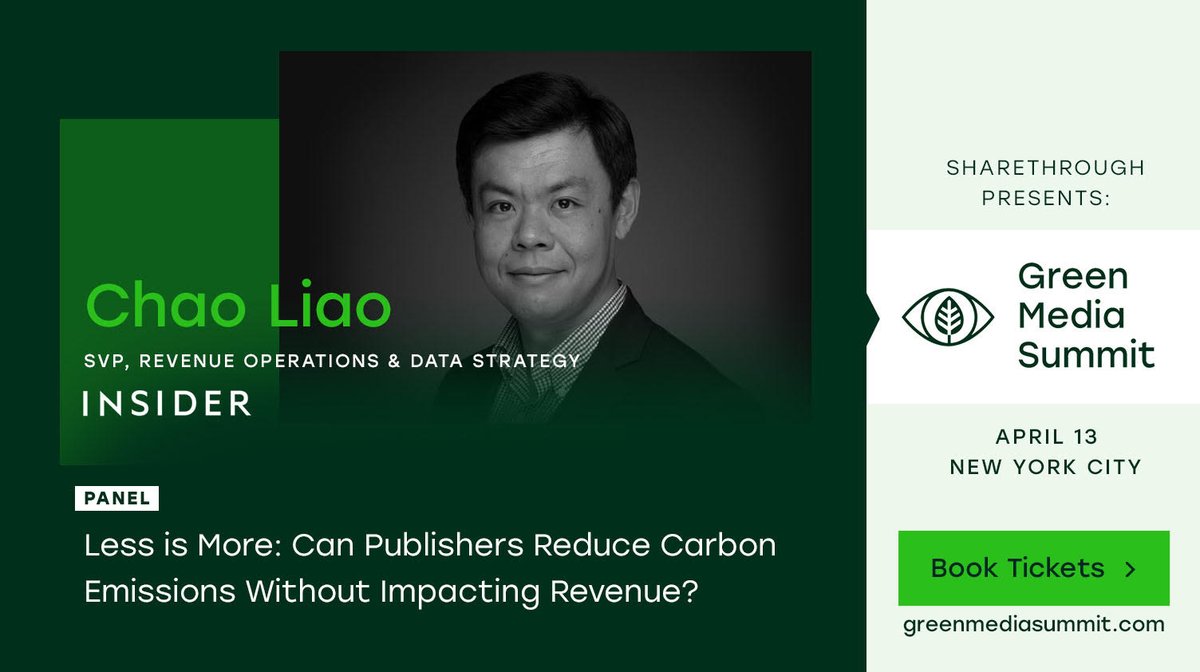 Register for @Sharethrough's Green Media Summit on April 13 in New York City where Insider's Chao Liao, SVP of revenue operations & data strategy, will join the publisher panel to discuss ways to reduce carbon emissions and build a greener media ecosystem: bit.ly/3ngq2TV