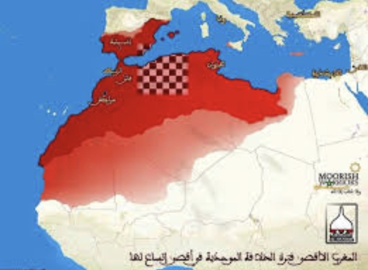 Aquí un mapa del nacionalismo marroquí que se difunde en redes. Extienden la legitimidad de Marruecos hasta la península, debido a la narrativa de que los almorávides dominaron la península del 1040 al 1147. La propaganda del régimen potencia esta violencia expansionista.