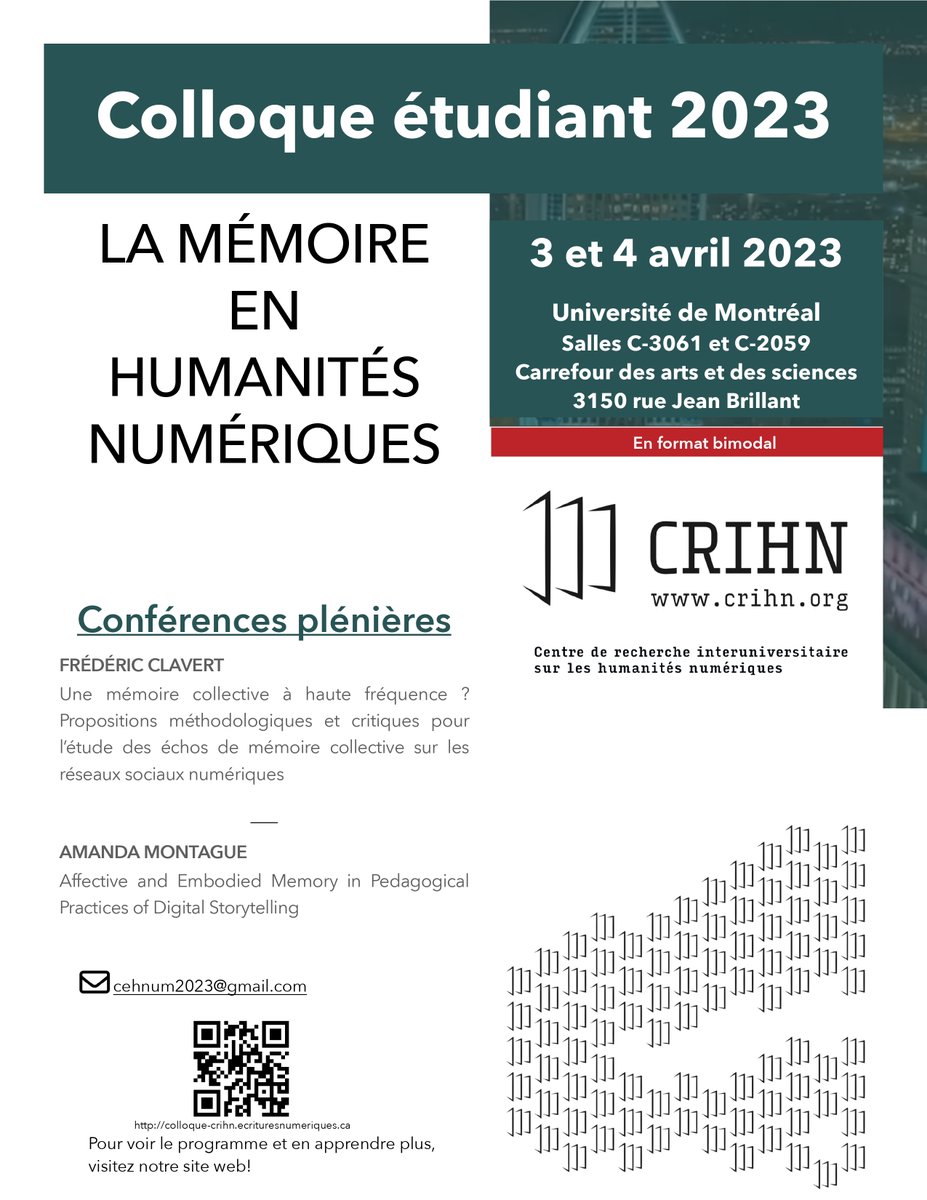Happening next week: First Student Conference of <a href="/crihunum/">CRIHN</a>, "Memory in DH," with 2 exciting plenaries by Frédéric Clavert (<a href="/C2DH_LU/">C2DH_LU</a>) and Amanda Montague (<a href="/macscds/">Sherman Centre For Digital Scholarship</a>). Join us in person or online. More info &amp; full program: colloque-crihn.ecrituresnumeriques.ca/about-en.html