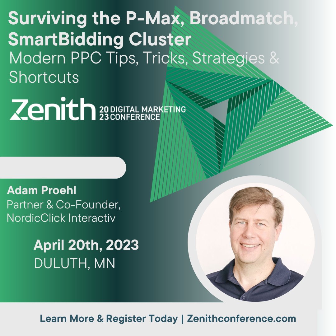 The opportunity to gain #PPC insights from #digitalmarketing industry leaders like <a href="/NordicClick/">NordicClick</a> Co-Founder, <a href="/adamproehl/">Adam Proehl</a>, is a steal at just $299 ($99 for students). Learn more and grab your seat today lnkd.in/euh7qBgh
.
.
.
#pmax #marketingandadvertising #investinyourself