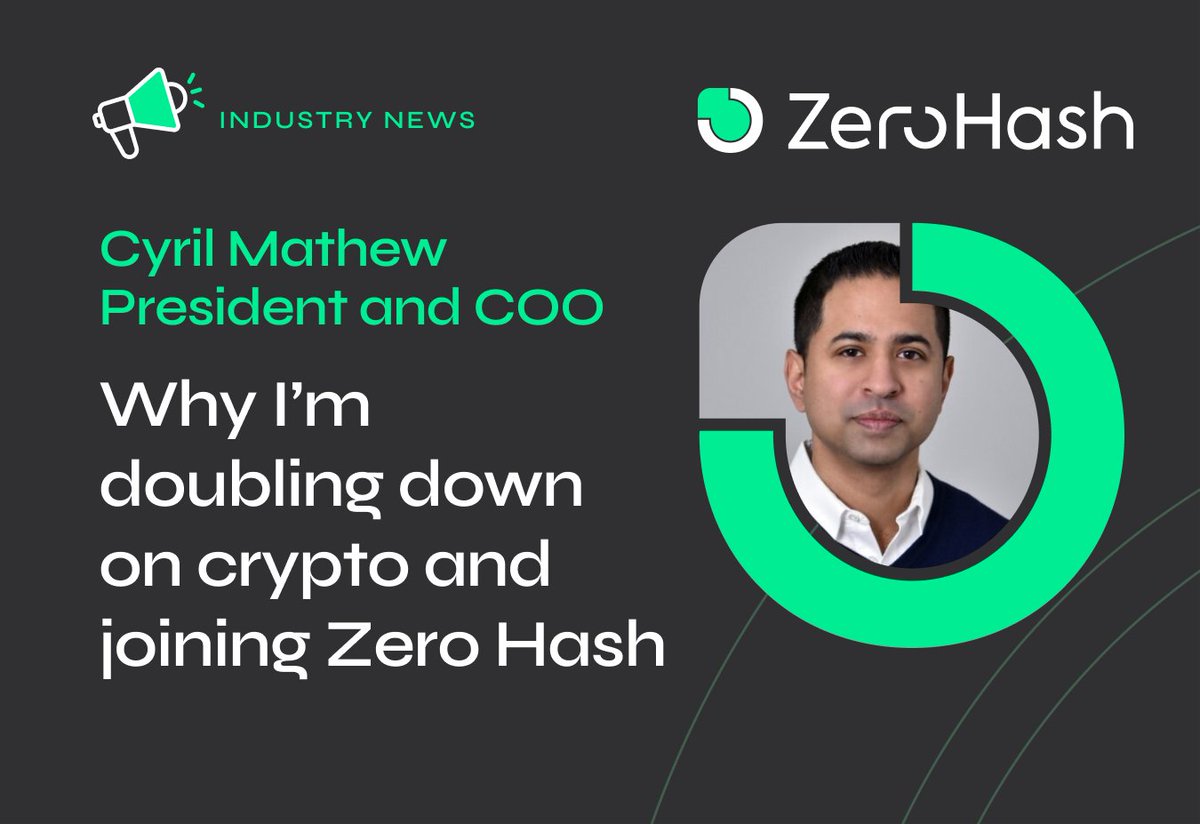 Zero Hash appoints former Stripe and Coinbase leader <a href="/_cyrilmathew/">Cyril Mathew</a> as President and COO.

Learn why Cyril is doubling down on crypto and his journey to joining Zero Hash. 

As seen in <a href="/CoinDesk/">CoinDesk</a>: coindesk.com/business/2023/…

#web3 #expansion #crypto