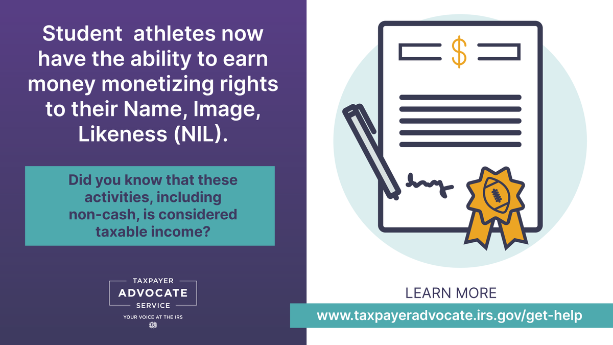 YourVoiceAtIRS's tweet photo. Student athletes now have the ability to earn money due to Name, Image, Likeness (NIL) rights, but did you know that these activities, including non-cash, is considered taxable income? Learn more about NIL tax obligations and how it may impact financial aid and state #taxes. https://t.co/ByxJVucf3f