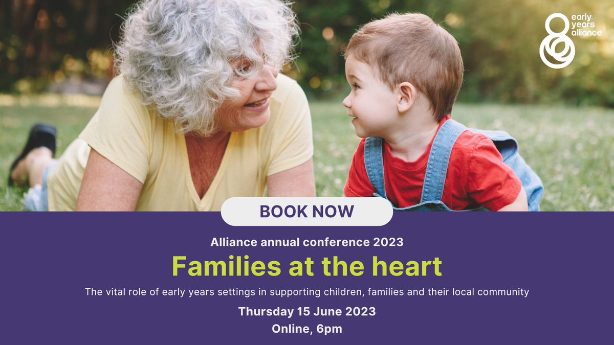 We're very pleased to announce this year's Alliance annual conference, Families at the heart: the vital role of early years settings in supporting children, families and their local community, will be taking place online at 6pm on Thursday 15 June 2023: bit.ly/40lSNgL