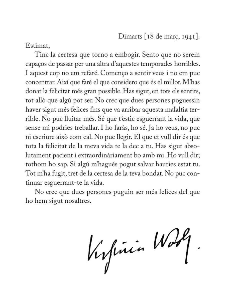 elclubeditor's tweet photo. L'última entrada que incloem als #Diaris de Virginia Woolf és la nota que va deixar per al Leonard, pocs dies abans de suicidar-se un 28 de març com avui. Un text terrible i terriblement bell: «No crec que dues persones puguin ser més felices del que ho hem sigut nosaltres.» https://t.co/sMj5d7IH5C