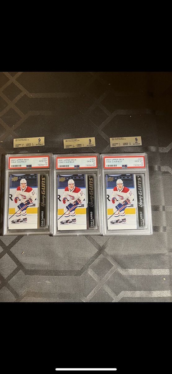 MMcardboard's tweet photo. At the last expo I submitted 10 Caufields to BGS, I got back 9 BGS 9s and 1 BGS 8.5. In disbelief I decided to crack the 3 best looking BGS 9s and send them to PSA. Sure enough all 3 of them were 10s https://t.co/nDSbB6Fyp1