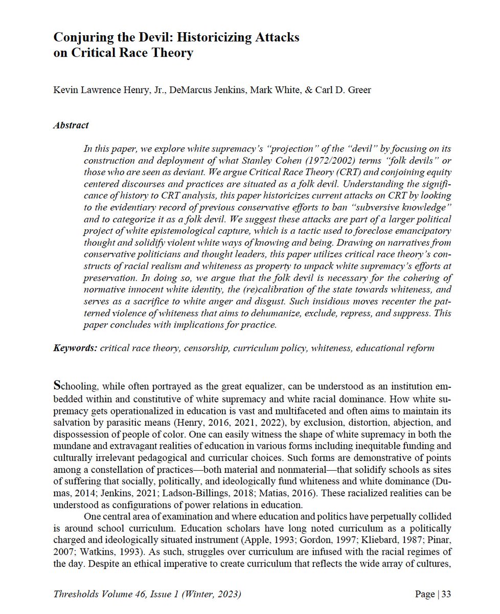 Markie_Jay06's tweet photo. I'm excited to share another new publication titled "Conjuring the Devil: Historicizing Attacks
on Critical Race Theory," published in Thresholds in Education. This one is extra special b/c I got to collaborate w/ my friend @klhenryjr &amp; 2 dope doc students @cdgreer_ &amp; Mark White https://t.co/he6z70MRtu
