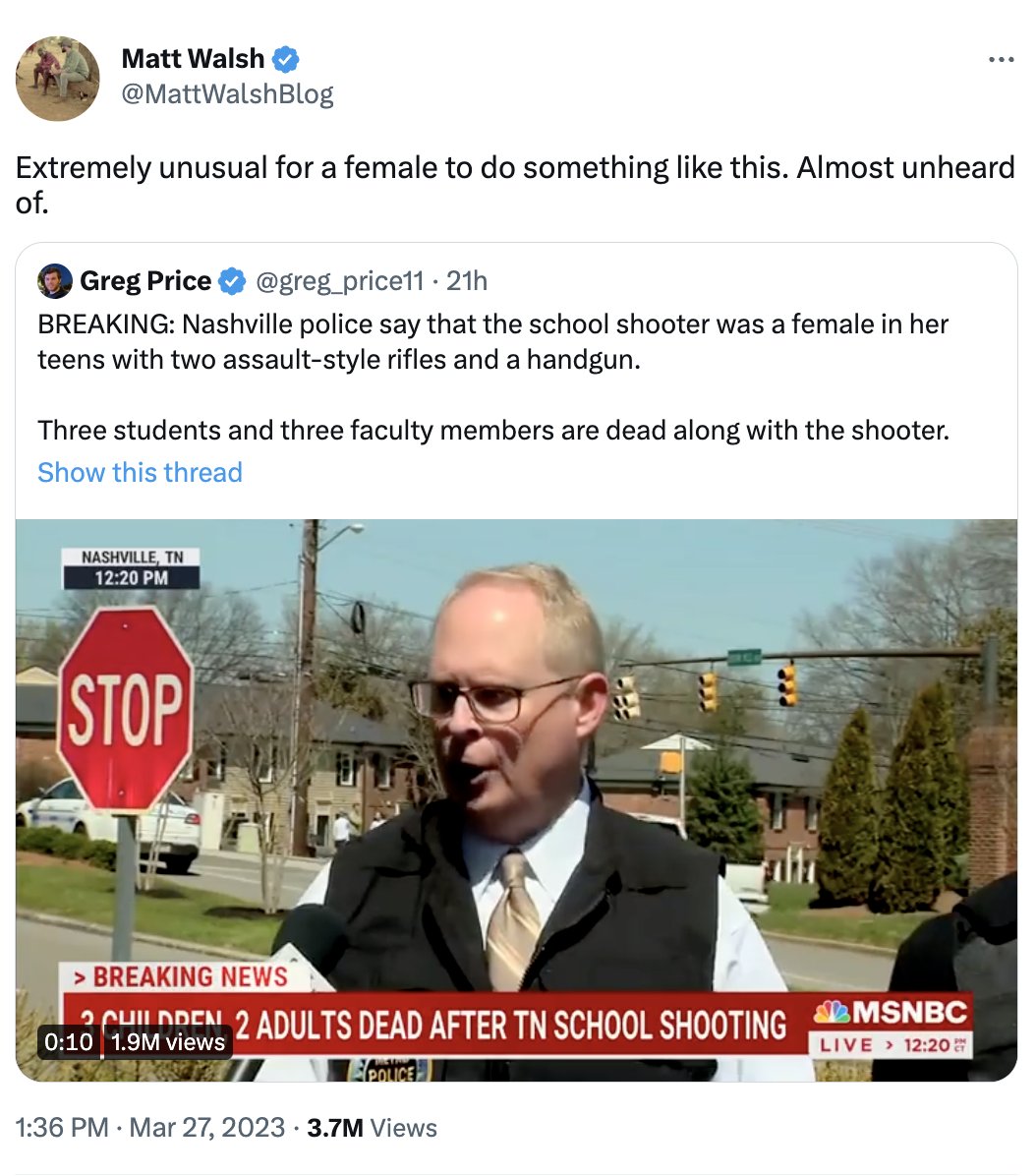 AriDrennen's tweet photo. See how the Right moved seamlessly from using the Nashville shooting to promote the idea that trans women are not women to using the Nashville shooting to villainize testosterone? This is how they portray all trans people as dangerously masculinized. https://t.co/GkhgvK0HsO