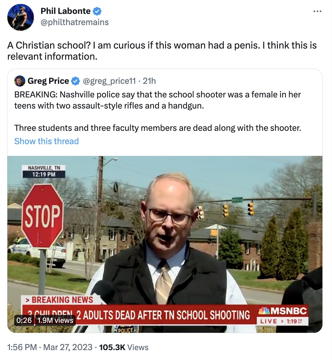 AriDrennen's tweet photo. See how the Right moved seamlessly from using the Nashville shooting to promote the idea that trans women are not women to using the Nashville shooting to villainize testosterone? This is how they portray all trans people as dangerously masculinized. https://t.co/GkhgvK0HsO