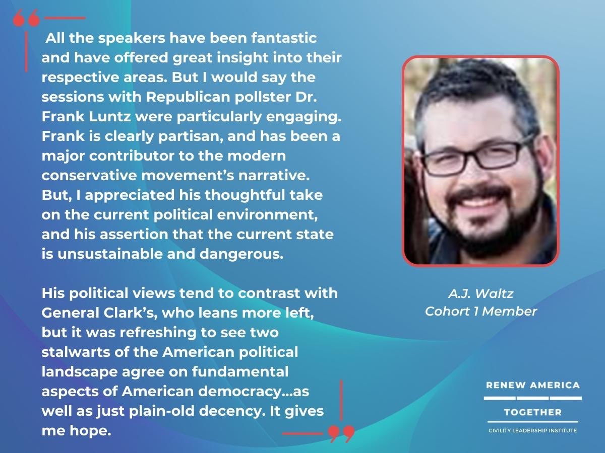 Each month, our nationally recognized speakers from both sides of the aisle offer unique perspectives to the state of current affairs &amp; democracy. We’re thankful that this feature of CLI continues to leave an impression on our members. Apply here: renewamericatogether.org/cli/