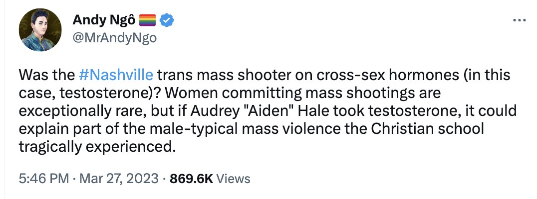 AriDrennen's tweet photo. See how the Right moved seamlessly from using the Nashville shooting to promote the idea that trans women are not women to using the Nashville shooting to villainize testosterone? This is how they portray all trans people as dangerously masculinized. https://t.co/GkhgvK0HsO