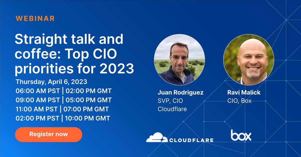 Cloudflare's tweet photo. Join Juan Rodriguez Estevez (Cloudflare CIO) and Ravi Malick (Box CIO) as they discuss the top priorities and challenges of technology leaders in 2023. https://t.co/g5KKTunRVG https://t.co/roqsTwTxy2
