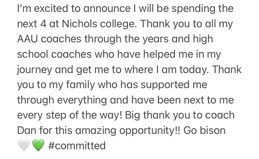 #Committed blessed to say I have committed to Nichols College!!

<a href="/CoachNags/">Dan Nagle</a> <a href="/ncbison_wbball/">Nichols College WBB</a> <a href="/Nichols_College/">Nichols College</a> <a href="/LadyRivals/">Lady Rivals</a> <a href="/IAMCoachU1/">Ushearnda Rae</a> <a href="/BashHoopsNE/">Bash Hudson</a> <a href="/TheFutureHoops/">The Future</a> <a href="/Kirkland22Chris/">Chris Kirkland</a> <a href="/GirlsWinchendon/">Winchendon Girls Basketball</a> @WinchendonA <a href="/coachJDove32/">CoachDove</a> <a href="/thewinchschool/">The Winchendon School</a>