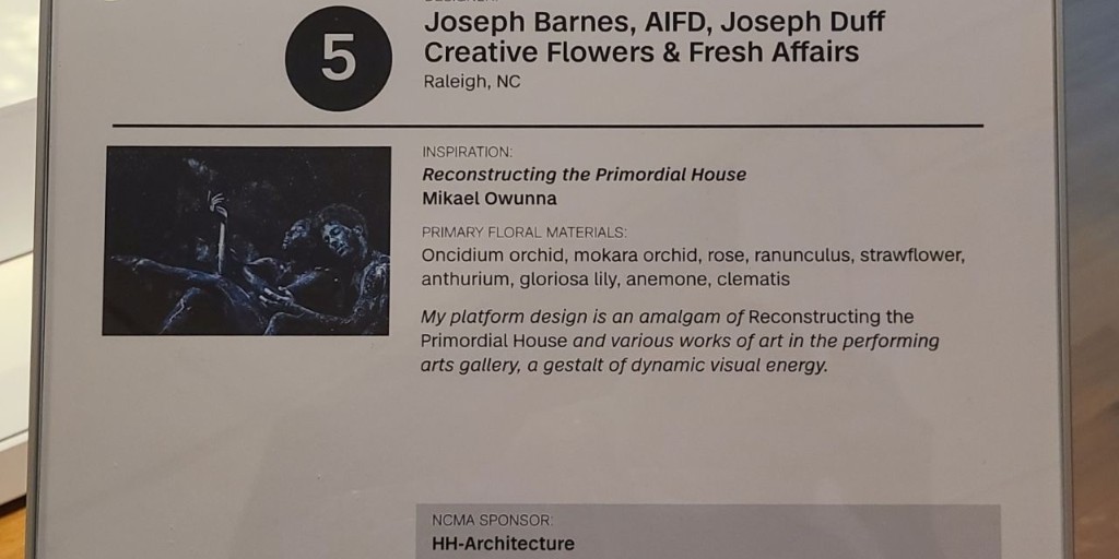 hh_arch's tweet photo. We were thrilled to learn that our sponsored floral installation by @jduffbarnes won the Designer's Choice Award at @ncartmuseum Art in Bloom 2023. The dynamic arrangement was inspired by the multimedia exhibit created by @mikaelowunna #HH_InTheCommunity #NCMAbloom #PNCArtInBloom https://t.co/WHNRpvpXWM