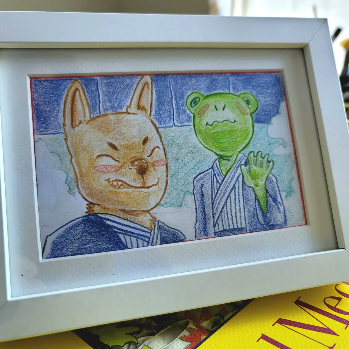 GACHAQUEST's tweet photo. Hey Twitter it's me again, here you go my hot springs bois, Wan and Keru 🐕🐸🧡

#art #illustration #colorpencil #drawing #dog #frog #cozy #anime #manga #coolanimals https://t.co/2SJArVYrRr