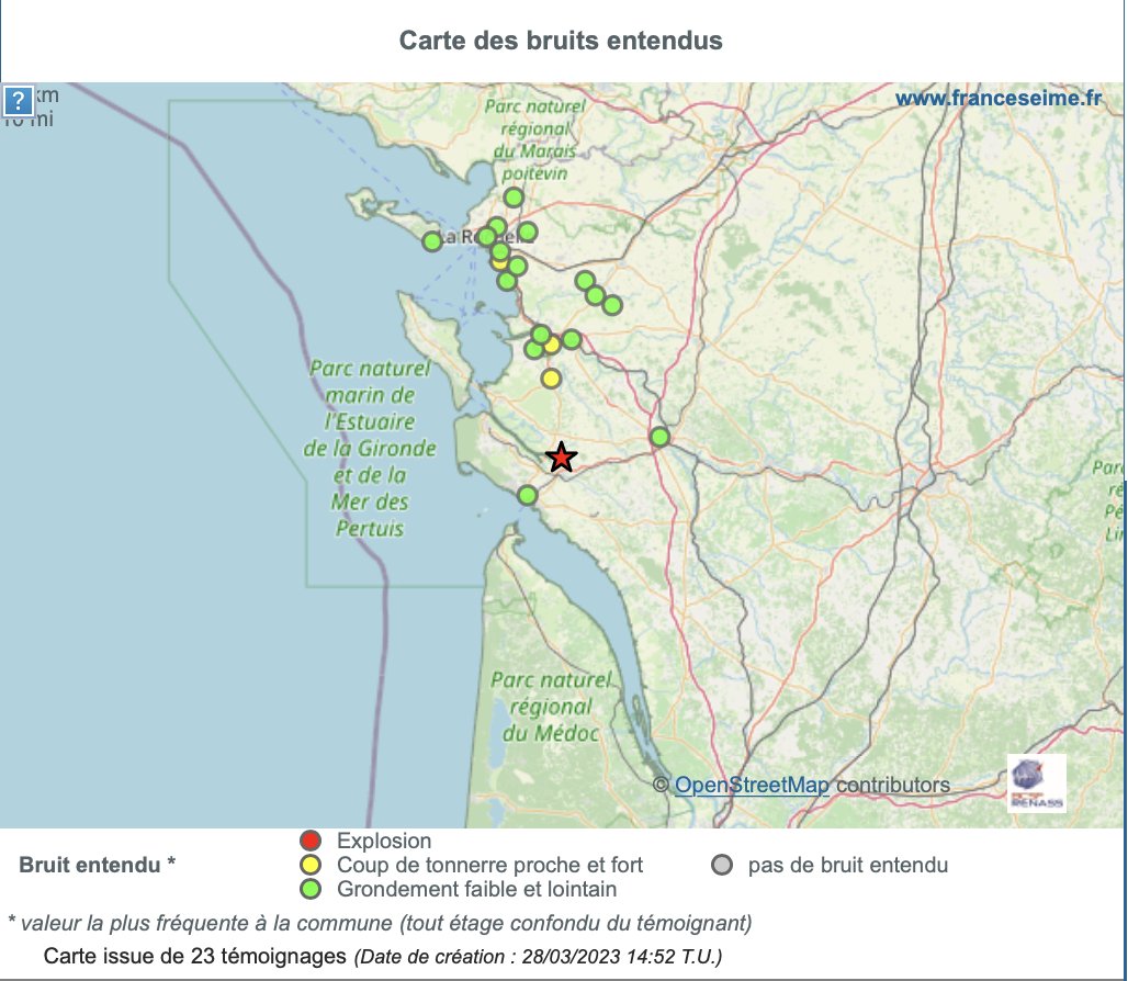 FranceSeisme's tweet photo. #Séisme 23 km Ouest de #Saintes (dép. 17, le 28/03/23 à 15h34 locale, M=3,9) selon CEA-Dase. Apportez votre témoignage aux scientifiques sur https://t.co/TjO6EPCocF (Likez partagez) https://t.co/xgJZKmmMIw