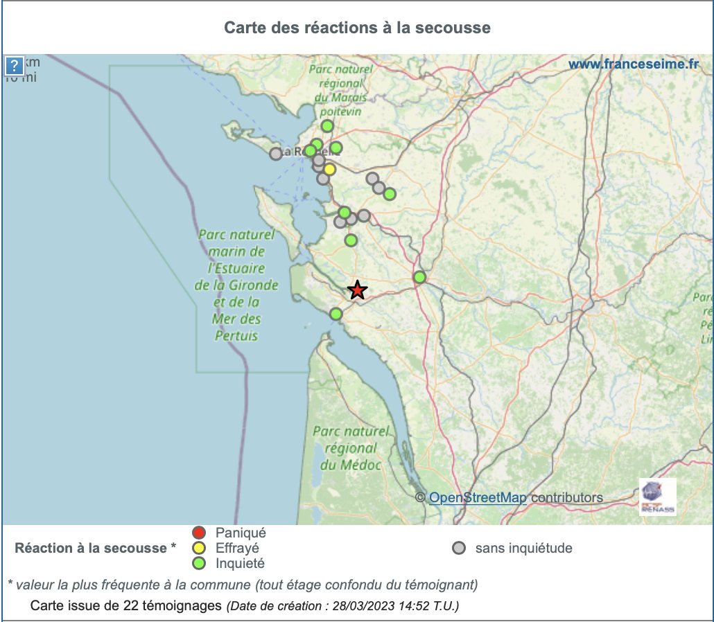 FranceSeisme's tweet photo. #Séisme 23 km Ouest de #Saintes (dép. 17, le 28/03/23 à 15h34 locale, M=3,9) selon CEA-Dase. Apportez votre témoignage aux scientifiques sur https://t.co/TjO6EPCocF (Likez partagez) https://t.co/xgJZKmmMIw