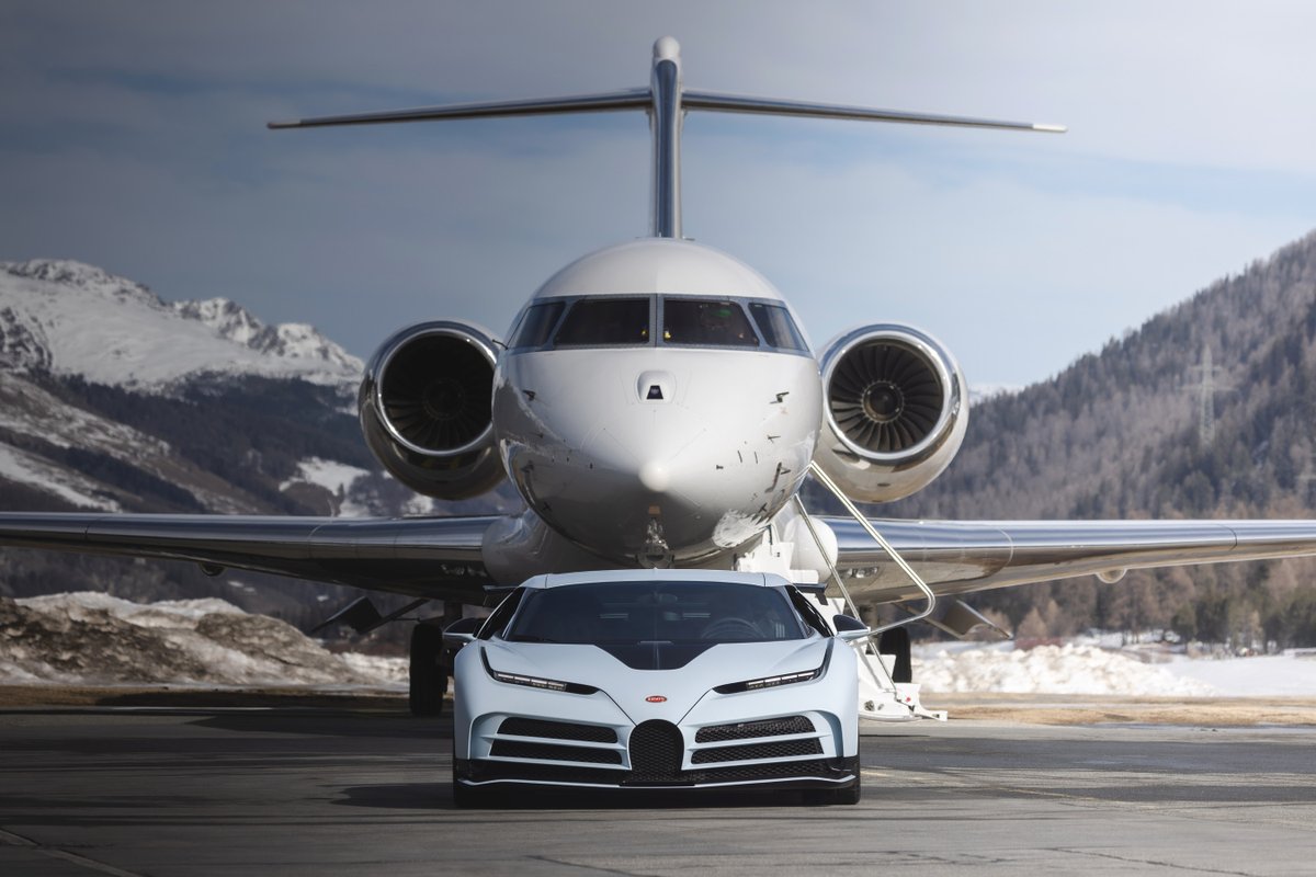 Bugatti's tweet photo. The CENTODIECI, a timeless automobile with an unparalleled depth of luxury, takes its place on a runway in St Moritz. The most preeminent form of travel by road meets its counterparts of the skies, forming a bond of first-class exploration.

#BUGATTI 
–
https://t.co/mCEE0ghyaw https://t.co/tBf32GOkyj
