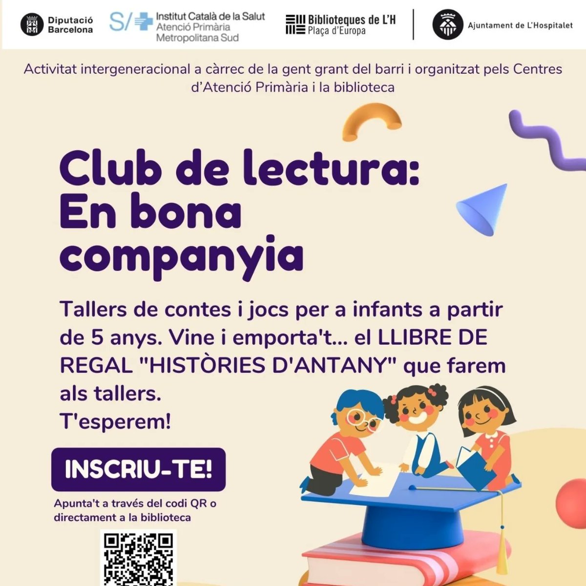 Des de la biblioteca del nostre barri han obert inscripció a una activitat gratuïta per als infants a partir de 5 anys,  un club de lectura intergeneracional a càrrec d'un grup de gent gran i organitzat pels Centres d'Atenció Primària i la Biblioteca.  📖📖📚