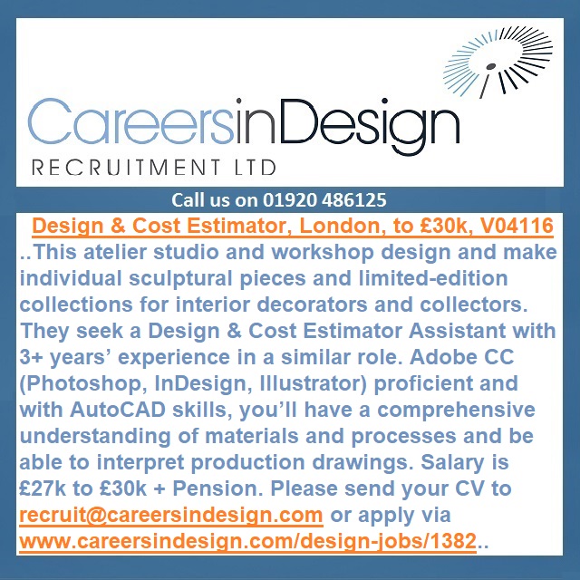 A #London #atelier studio and #workshop that design and fabricate individual #sculptural pieces seek a Junior Design and Cost Estimator. careersindesign.com/design-jobs/13… #designjobs #estimator #designestimator #costestimator #caddesigner #cadtechnician #jobsinlondon #londonjobs #jobs