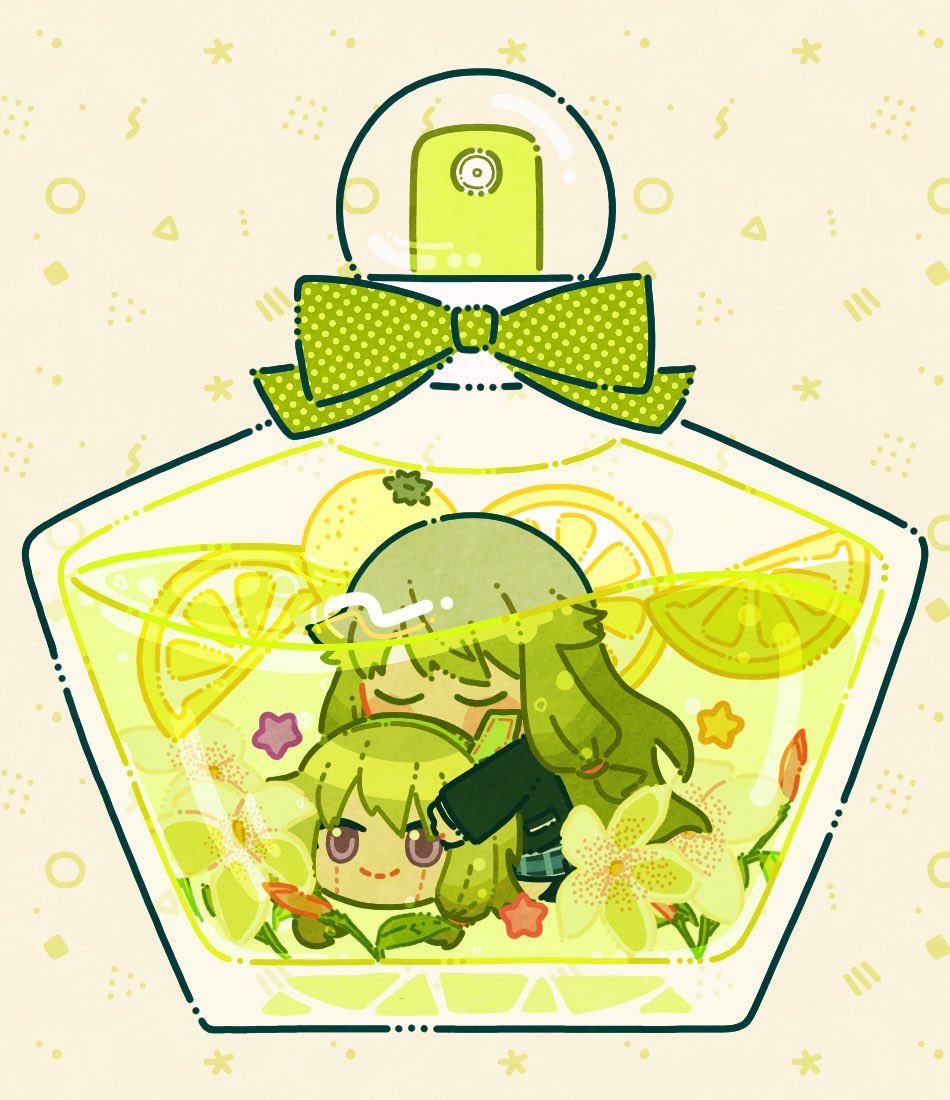 green hair flower closed eyes long hair in container fruit minigirl  illustration images