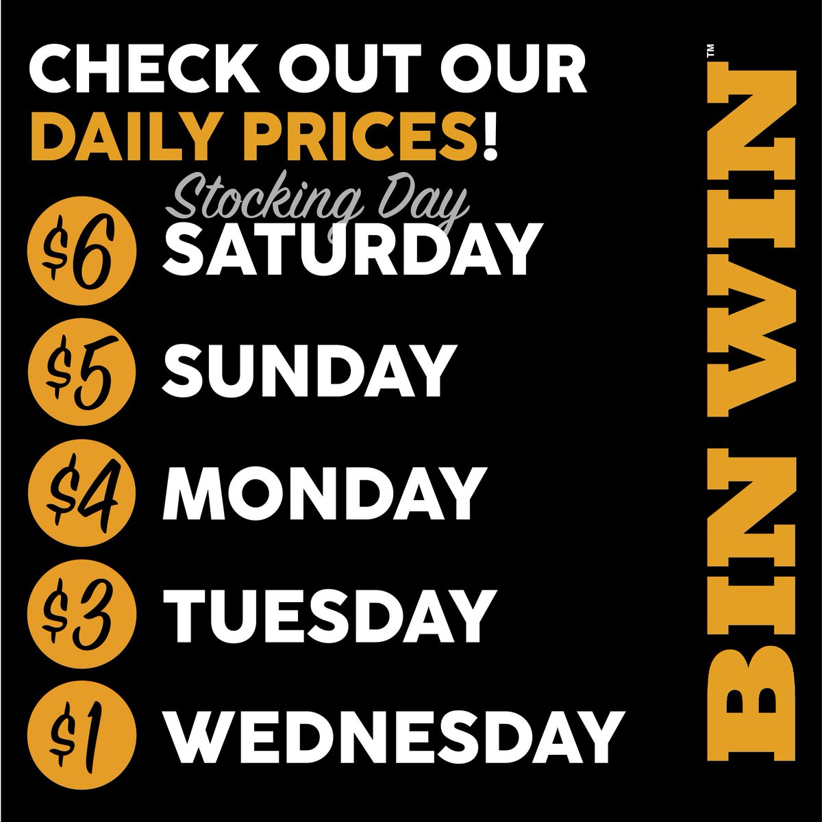 binwineasley's tweet image. BIN WIN IS OPEN EVERY WEEK, SATURDAY - WEDNESDAY, FROM 11 - 7PM! 🌟

Check out our daily prices! 🤩

#BinWinEasley #EasleySC #WholesaleLiquidators #Open #Liquidators #Prices #Bargain #BargainFinds #Deals