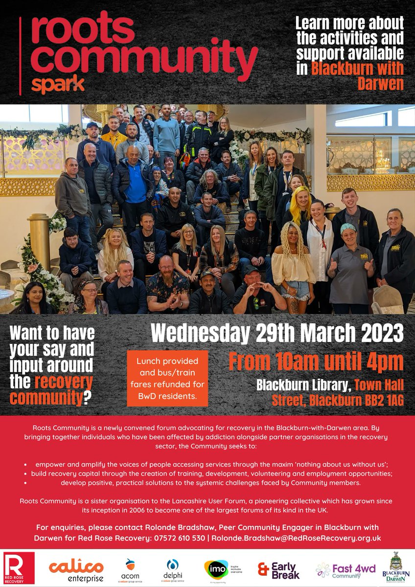 Tomrrow is our next Roots Forum over in #Blackburn 

Come along to hear talks by many different organisations and a #free lunch whilst you attend

Bus fares will be refunded for #BlackburnwithDarwen residents 

#Roots #RedRoseRecovery #Talks #Recovery