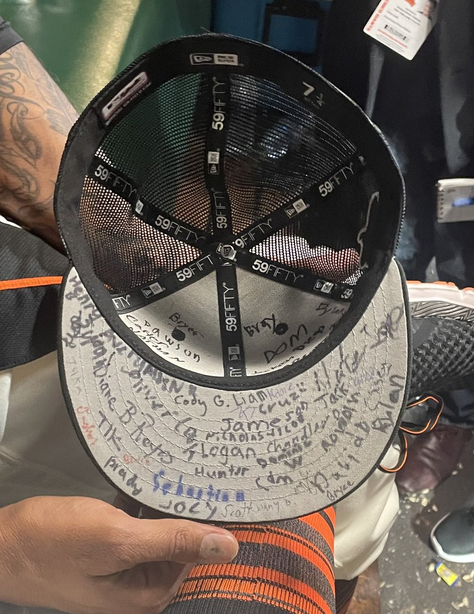 How do you inspire children to embrace their own greatness? This is the spring training cap of San Francisco Giants pitcher Sergio Romo. Every time a child asked him for an autograph this spring he asked for theirs in return. (Photo via PavlovicNBCS)