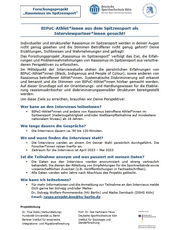 📢 Das Projekt "Rassismus im Spitzensport“ <a href="/BIM_HU_Berlin/">BIM</a> <a href="/SpohoKoeln/">Deutsche Sporthochschule Köln</a> <a href="/HumboldtUni/">Humboldt-Universität zu Berlin</a>  sucht Interviewpartner*innen 
// The research project "Racism in elite sports" is looking for interviewees. 
👉 bim.hu-berlin.de/de/aktuelles/n…