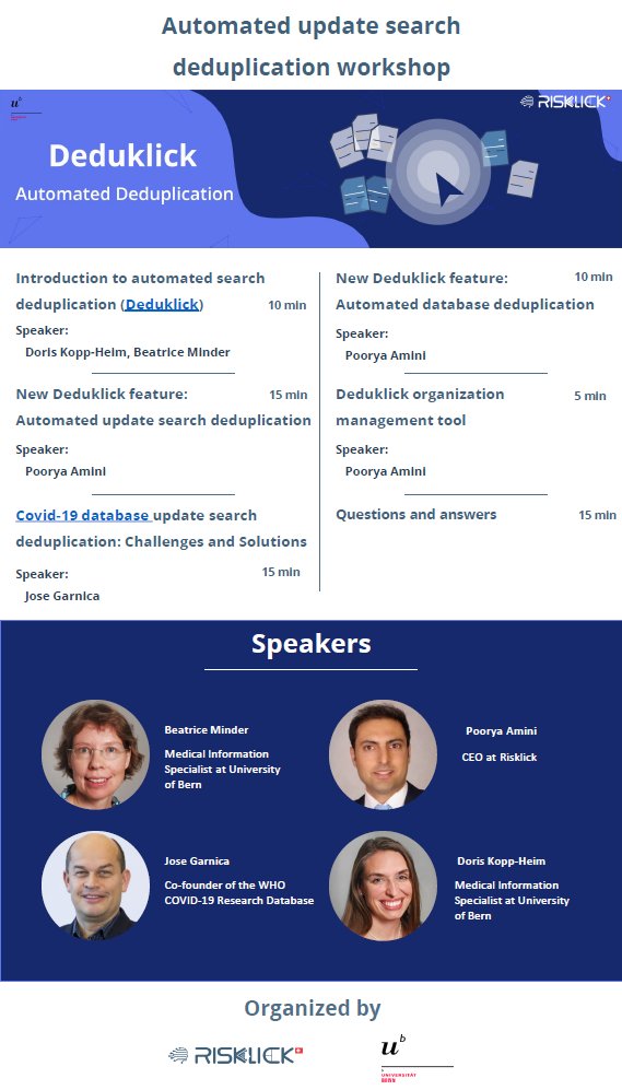 Deduklick (@deduklick) on Twitter photo Register now for the workshop on automated deduplication and Hear from <a href="/Biblio99484473/">Biblio ISPM</a>, <a href="/AminiPoorya/">Poorya Amini</a>, and Jose Garnica from <a href="/WHO/">World Health Organization (WHO)</a>
Register Here ub.unibe.ch/recherche/fach…
#deduplication #medlibs #SysRev #librarians #Covid19 #database Register now for the workshop on automated deduplication and Hear from <a href="/Biblio99484473/">Biblio ISPM</a>, <a href="/AminiPoorya/">Poorya Amini</a>, and Jose Garnica from <a href="/WHO/">World Health Organization (WHO)</a>
Register Here ub.unibe.ch/recherche/fach…
#deduplication #medlibs #SysRev #librarians #Covid19 #database