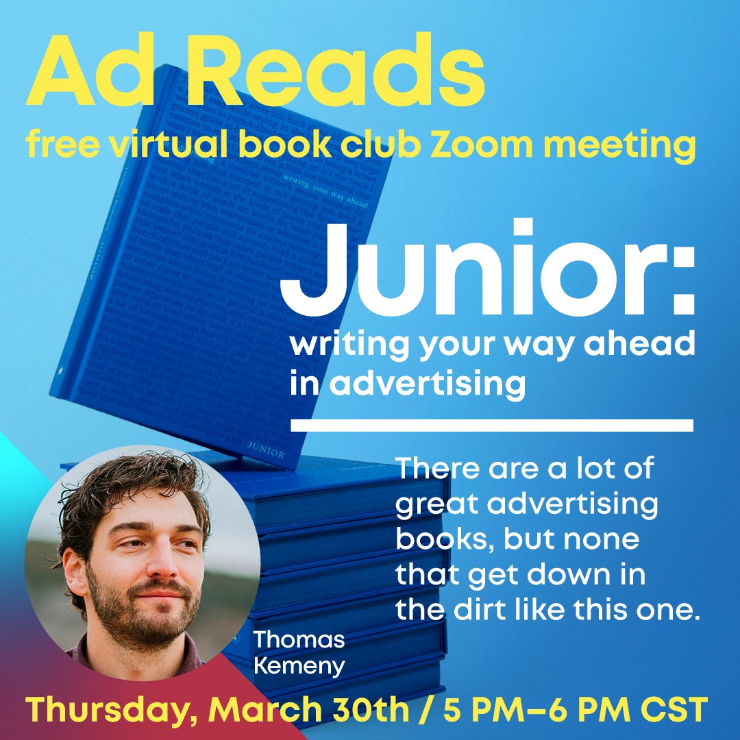 Elroythecat's tweet image. "Make mistakes." Just a bit of the wisdom in Thomas Kemeny's book Junior, who, (no mistake) is this week's AdReads guest. Join @tkemeny and my co-host @aschieuer as we ask Kemeny just what the !#@% he means. Register free: bit.ly/3K6kMf7 #copywriting #advertising