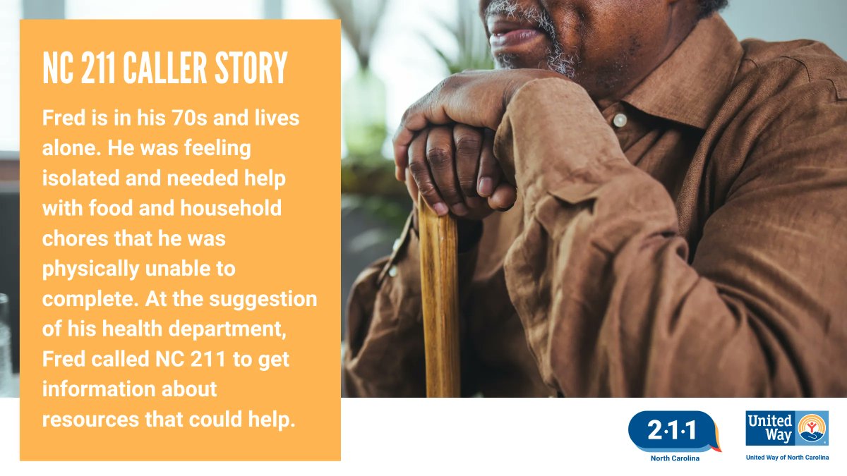 UnitedWayCFA's tweet photo. The @nc_211 specialist spoke with Fred for several minutes before providing referrals for meal delivery, socialization programs, and transportation assistance. Fred was happy that someone took the time to listen and felt better knowing there were some options available. https://t.co/MBB9kFUjTa