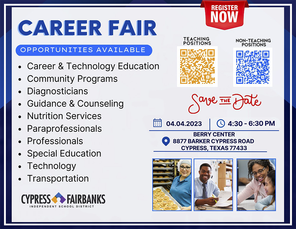 Cypress-Fairbanks ISD (@cyfairisd) on Twitter photo Visit with representatives from 100+ campuses & departments at the #CFISDCareerFair, April 4 from 4:30-6:30 p.m. at the <a href="/BerryCenter/">Berry Center</a>.
Register now!
- Teaching Positions: cfisd.tedk12.com/hire/ViewJob.a…
- Non-Teaching Positions: cfisd.tedk12.com/hire/ViewJob.a… Visit with representatives from 100+ campuses & departments at the #CFISDCareerFair, April 4 from 4:30-6:30 p.m. at the <a href="/BerryCenter/">Berry Center</a>.
Register now!
- Teaching Positions: cfisd.tedk12.com/hire/ViewJob.a…
- Non-Teaching Positions: cfisd.tedk12.com/hire/ViewJob.a…
