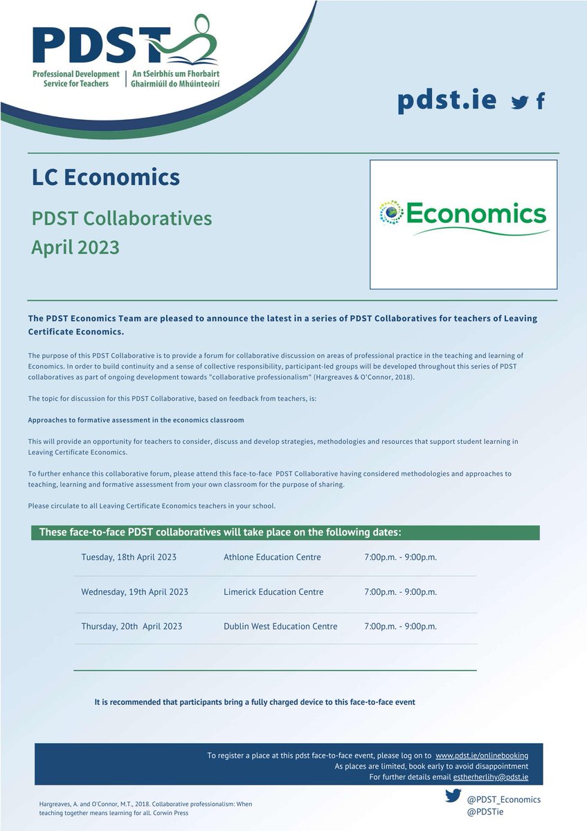 The <a href="/PDST_Economics/">@PDST_Economics</a> team looks forward to supporting Economics teachers at our forthcoming PDST Collaboratives. 

This is a face-to-face event.  Full details can be found in the flyer below. 

Book online at: pdst.ie/onlinebooking

#PDST