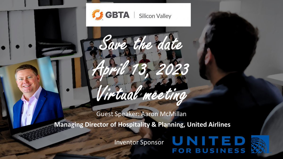 gbta_siliconv's tweet photo. SAVE THE DATE REQUEST
WHEN: April 13th, 2023
COST: Complimentary
GUEST SPEAKER: Aaron McMillan, Managing Director of Hospitality &amp; Planning, United Airlines
RSVP: https://t.co/qvQKV5HD9o

Inventor Sponsor: United Airlines https://t.co/zVms923nJQ