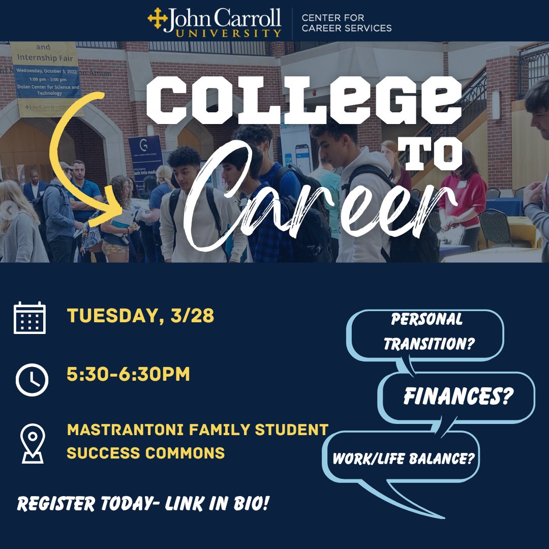 JCUCareerCenter's tweet photo. Unsure of how you’re going to transition from College to Career? We can help! Drop by our event TONIGHT to hear from 3 alumni panelists and have an open discussion. Registration is open (but not required) here: https://t.co/qtauf5BBpG https://t.co/ekbVl8qS7F